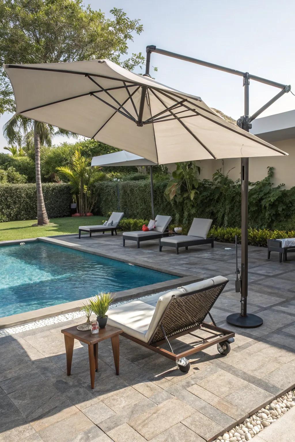 Umbrellas and canopies offer essential shade, enhancing poolside comfort.