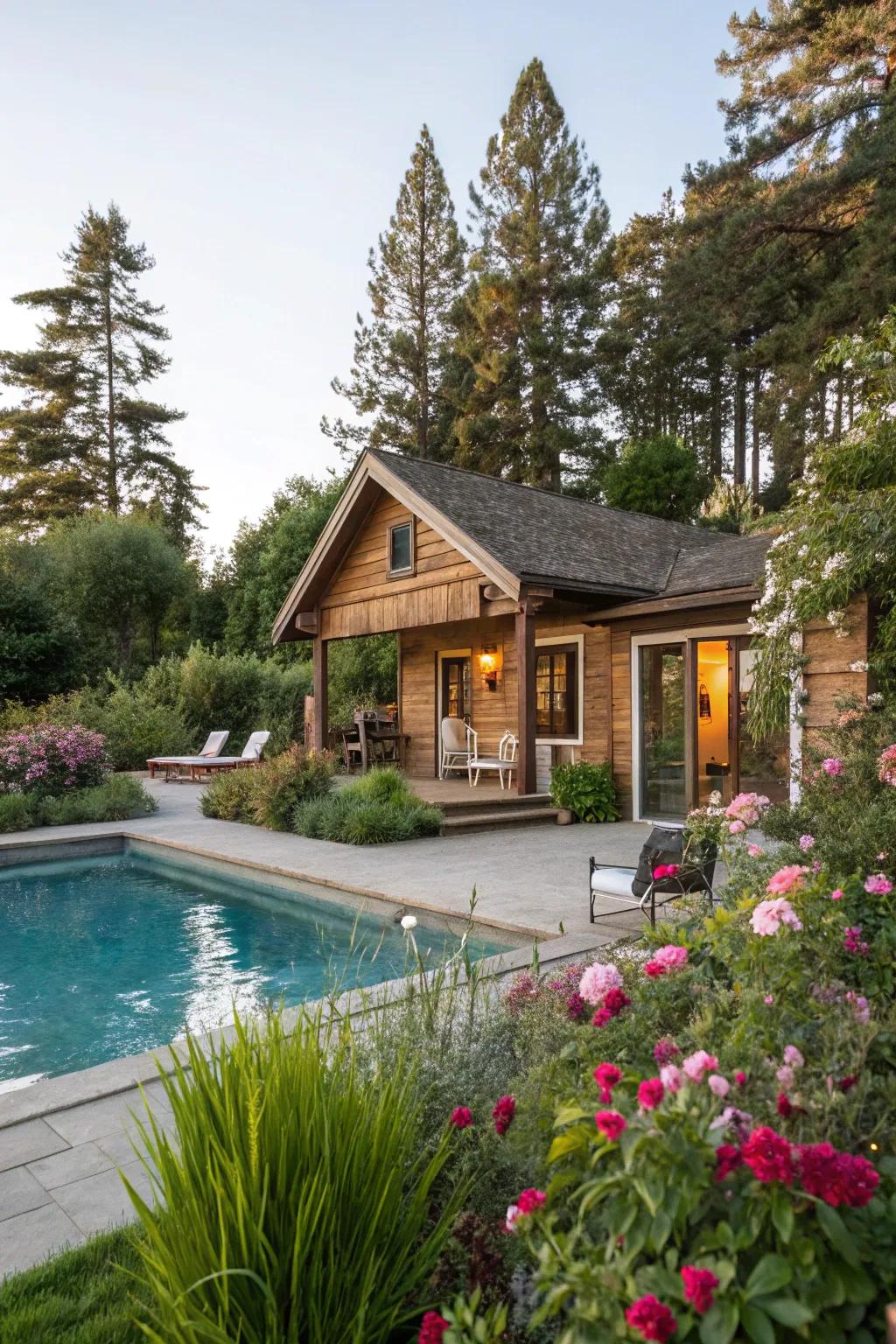 Enhance your pool house with lush greenery for a tranquil escape.