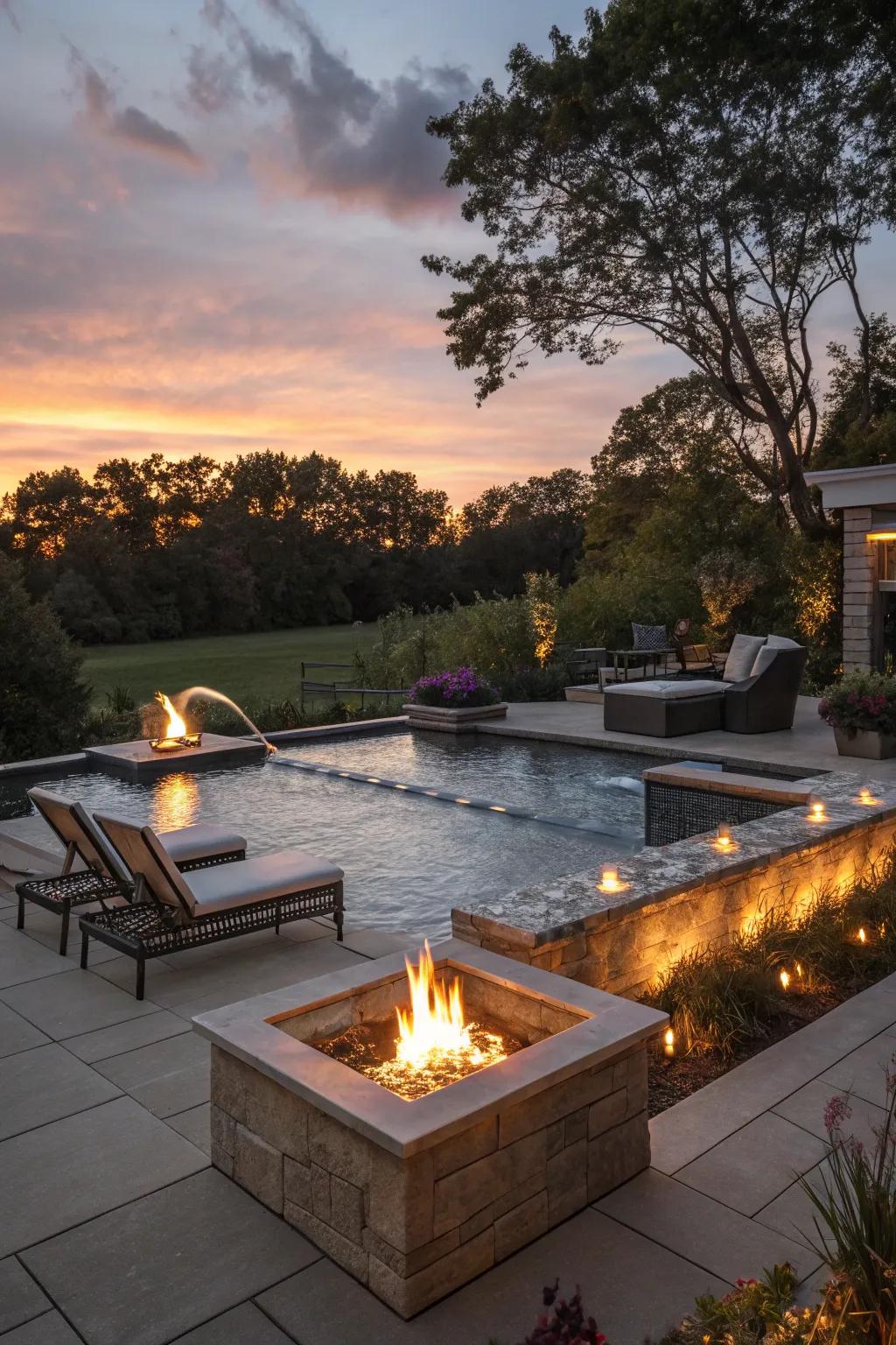 Forge a captivating atmosphere with fire elements and water features around your pool space.