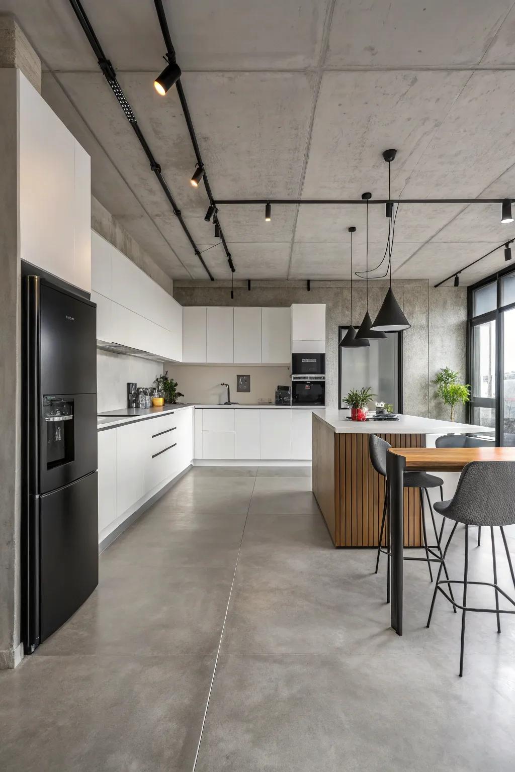 Concrete floors provide a sleek and modern foundation for contemporary kitchen designs.