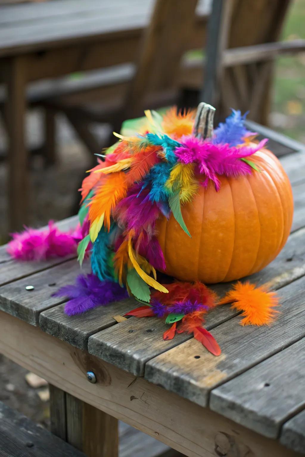 Let your pumpkin take flight with a vibrant feathered design.