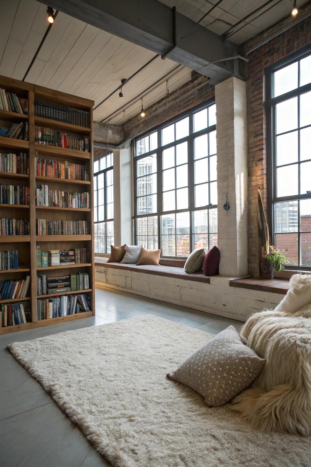 A loft turned into a cozy library nook.