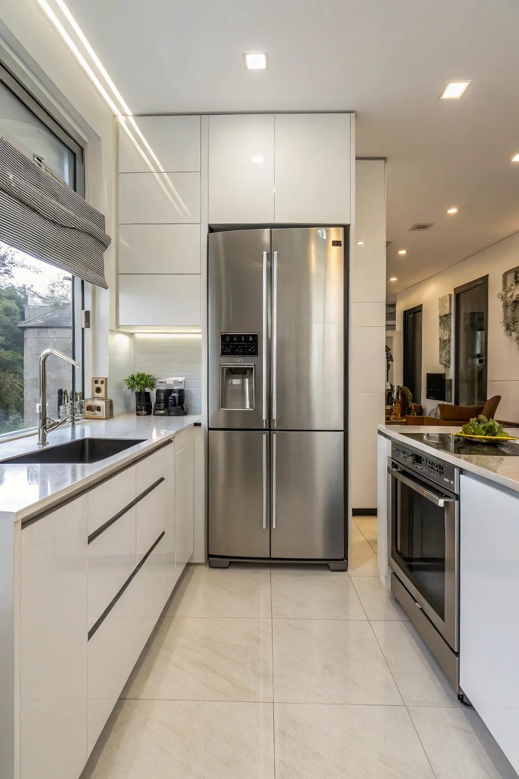 A modern kitchen featuring a sleek stainless steel refrigerator.