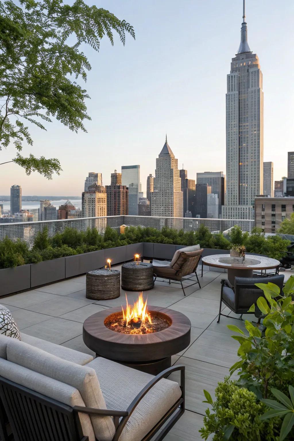 A fire pit adds warmth and a focal point to your rooftop.