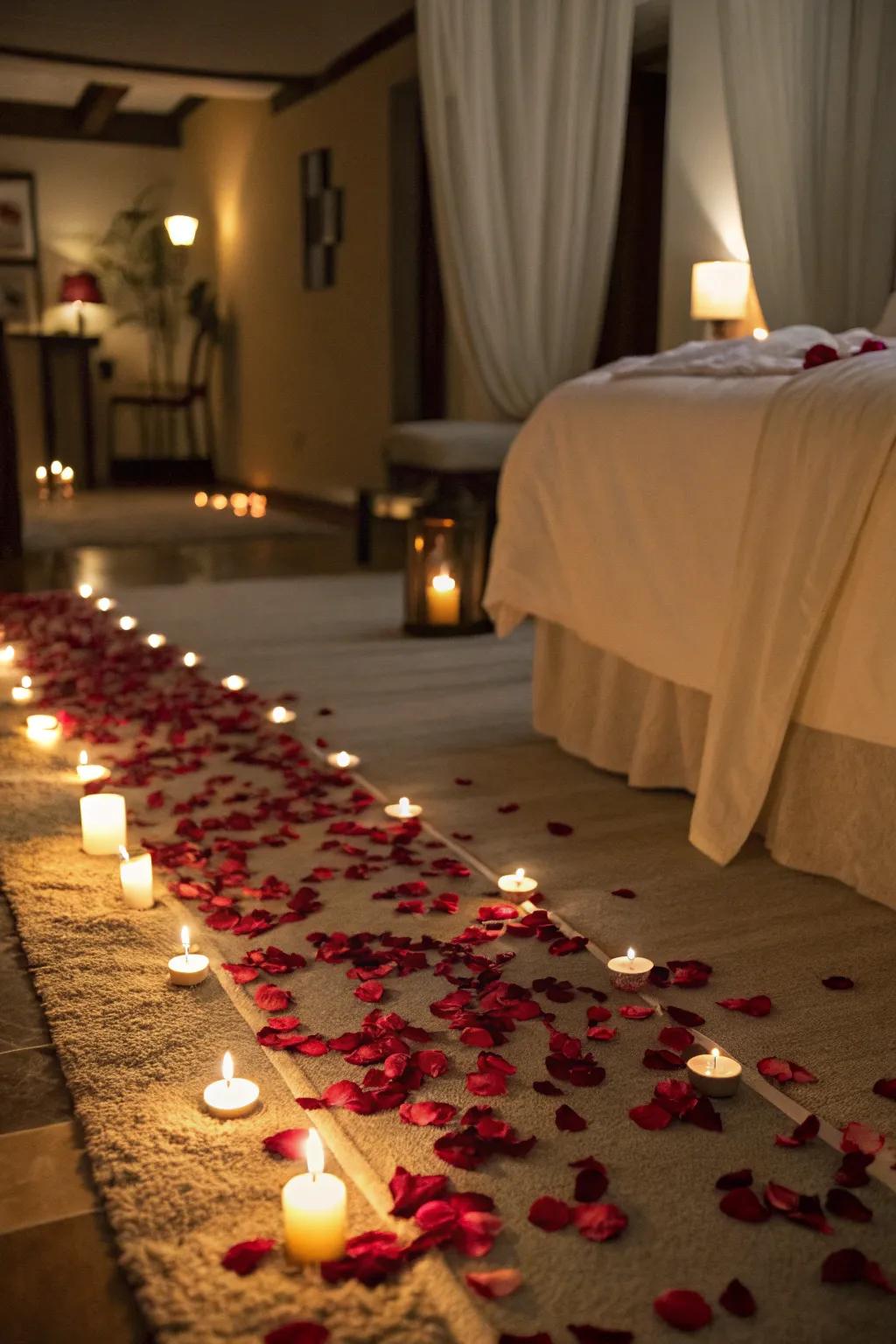 A rose petal path illuminated by candlelight.