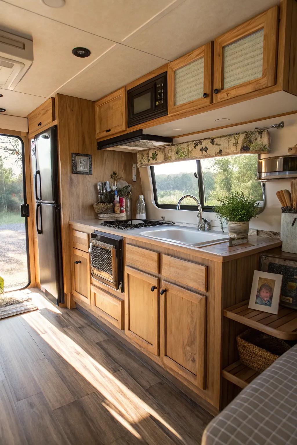Inherent wood tones impart warmth and coziness to this RV kitchen.