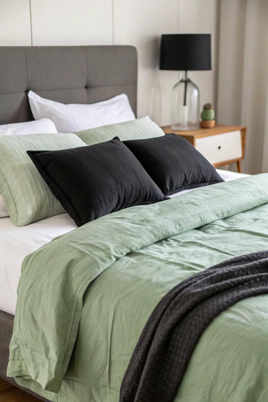 Layered bedding in sage, black, and white offers both comfort and style.