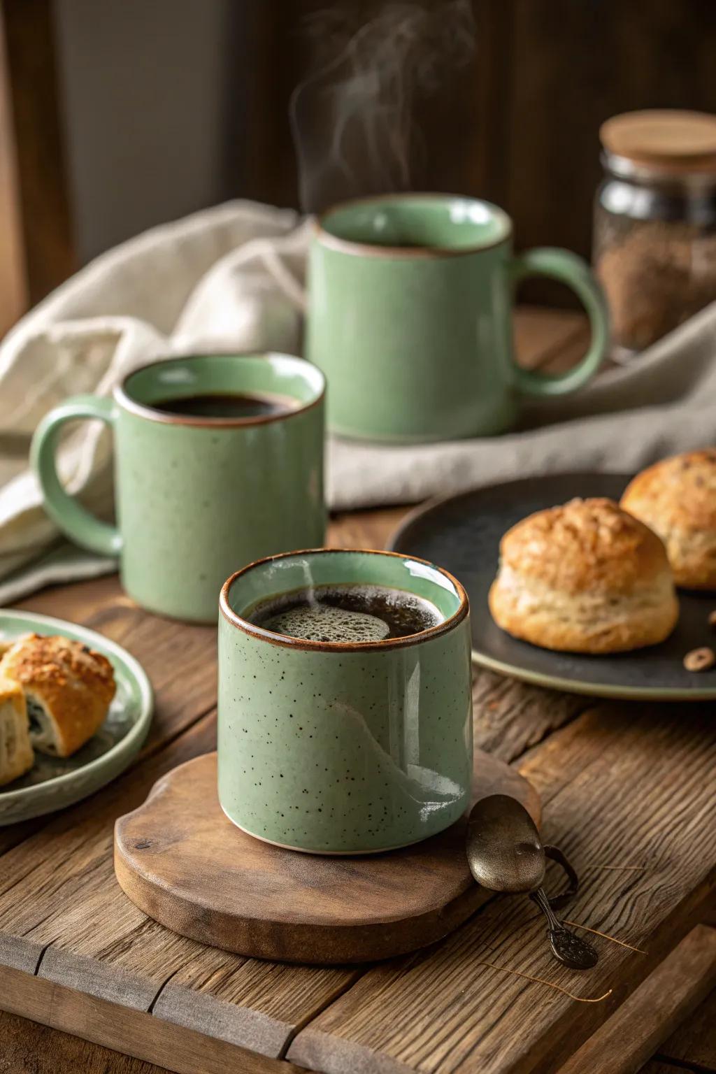 Sage green mugs offer a soothing start to your day.