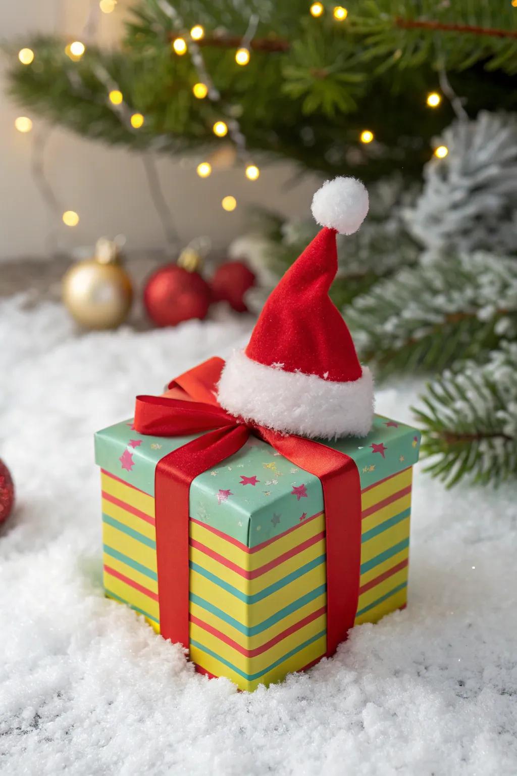 A Santa cap topper includes fanciful charm to any present container.