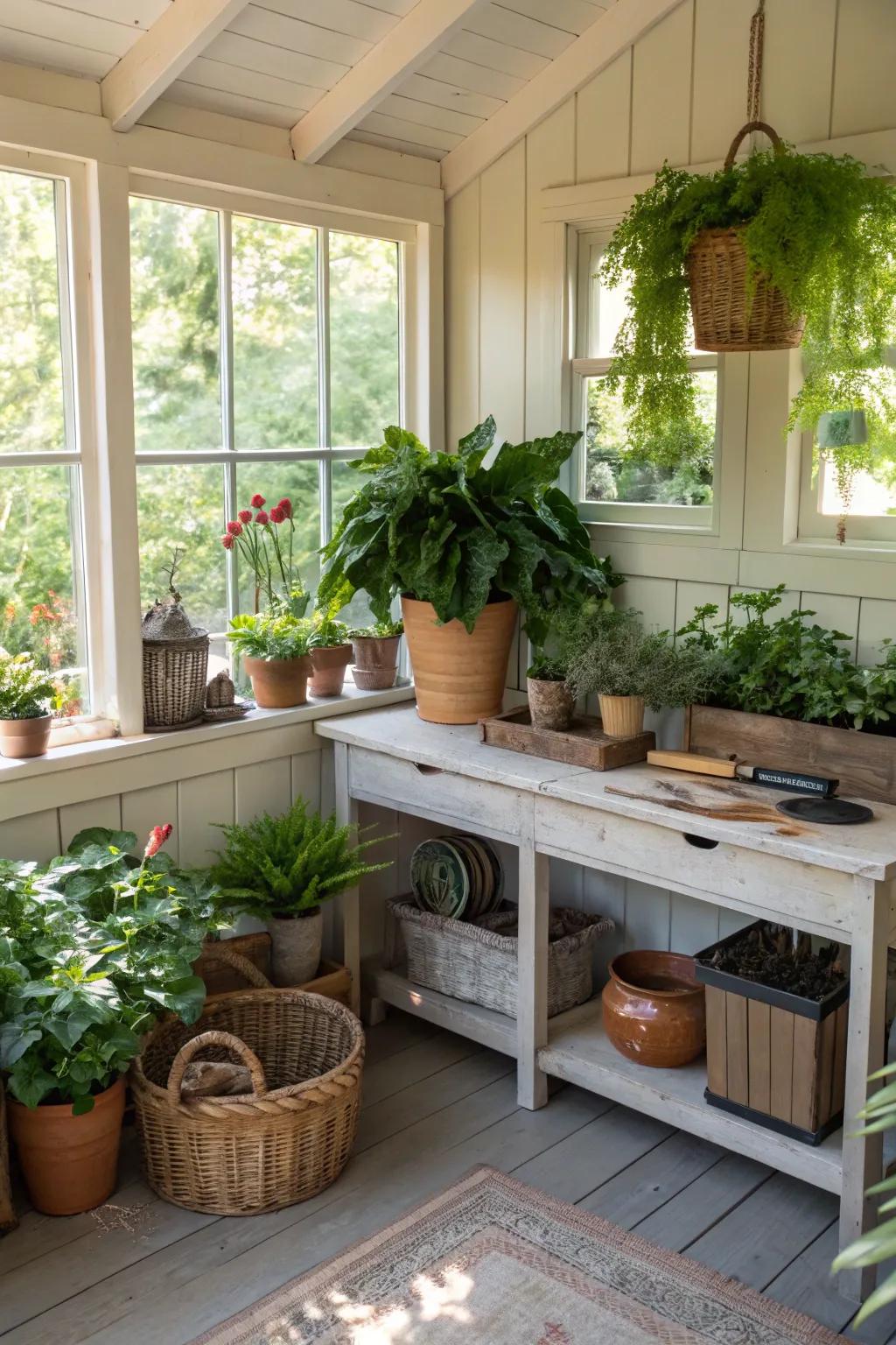 A peaceful gardener's escape abundant with vegetation.