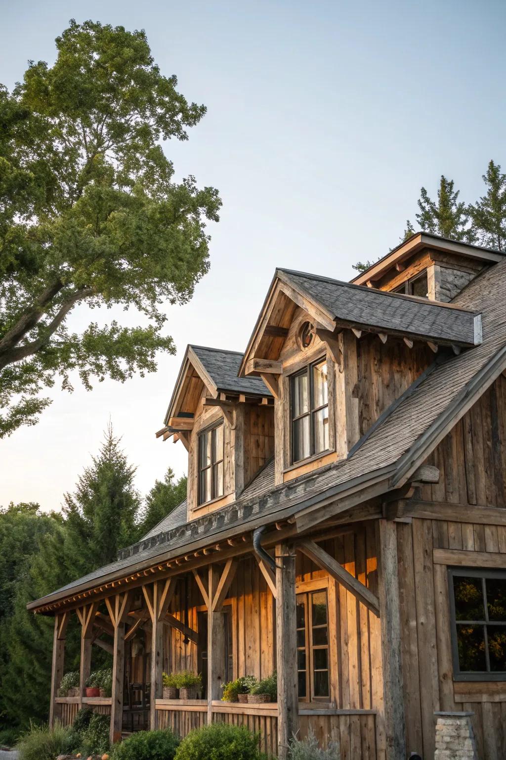 Rustic house featuring a charming shed dormer.