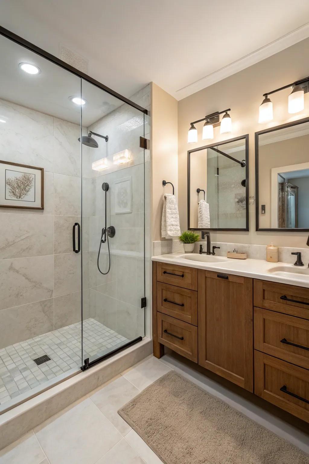 Curbless showers offer seamless transitions and modern appeal.