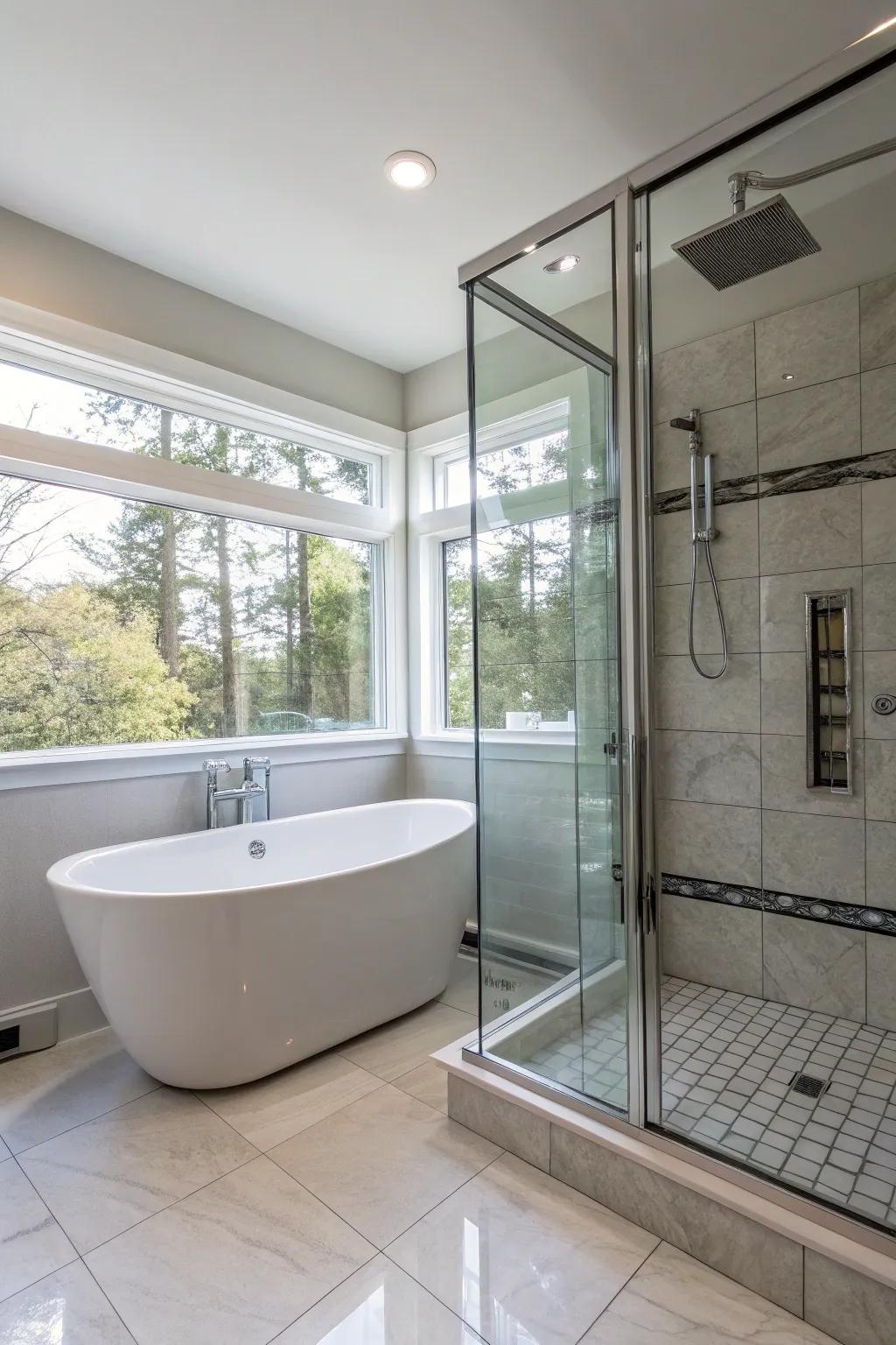 A luxurious bathroom with a freestanding bathtub next to a sleek shower stall.