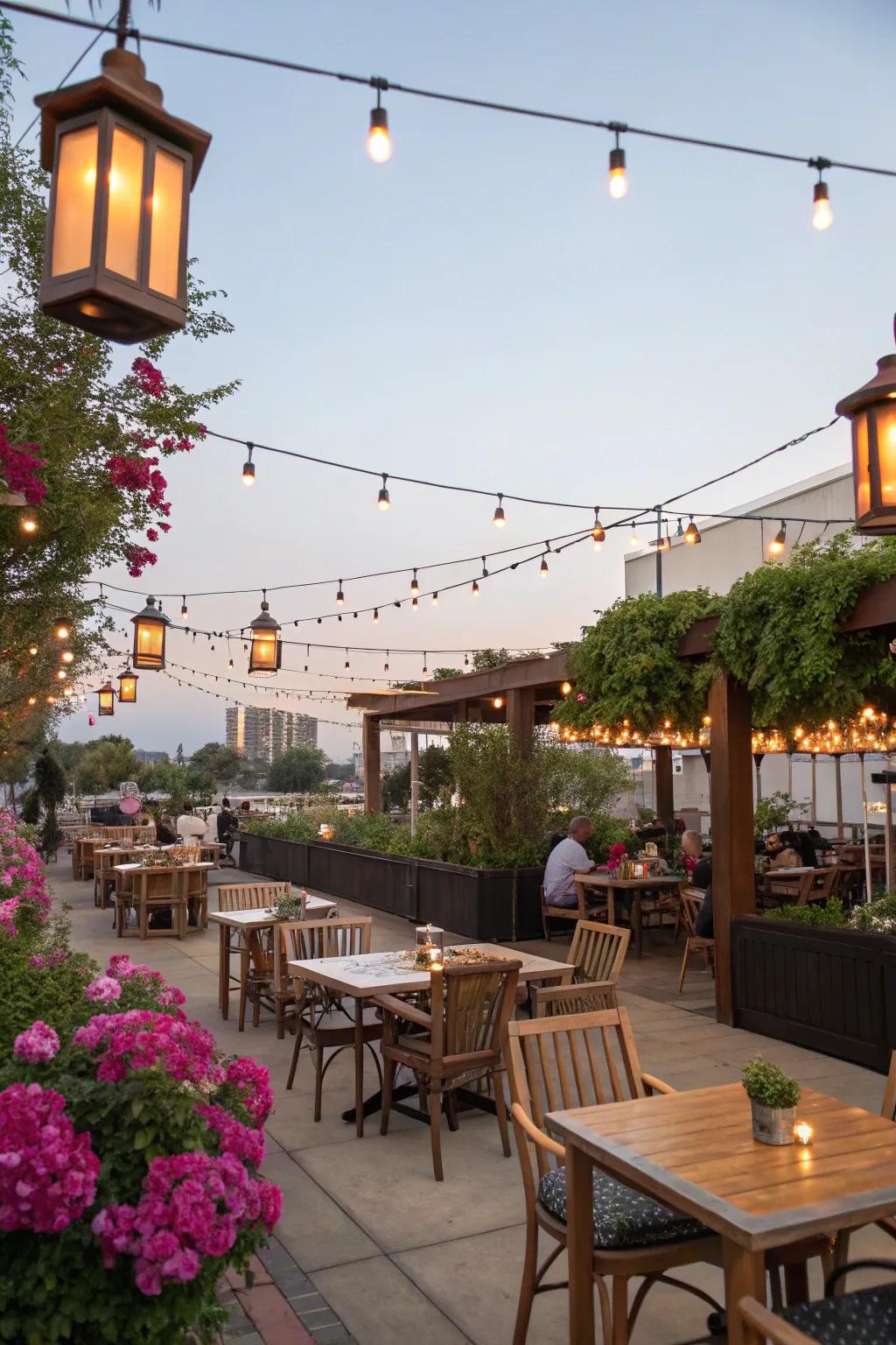 Open-air seating transforms into an inviting retreat with the ideal lighting arrangement.