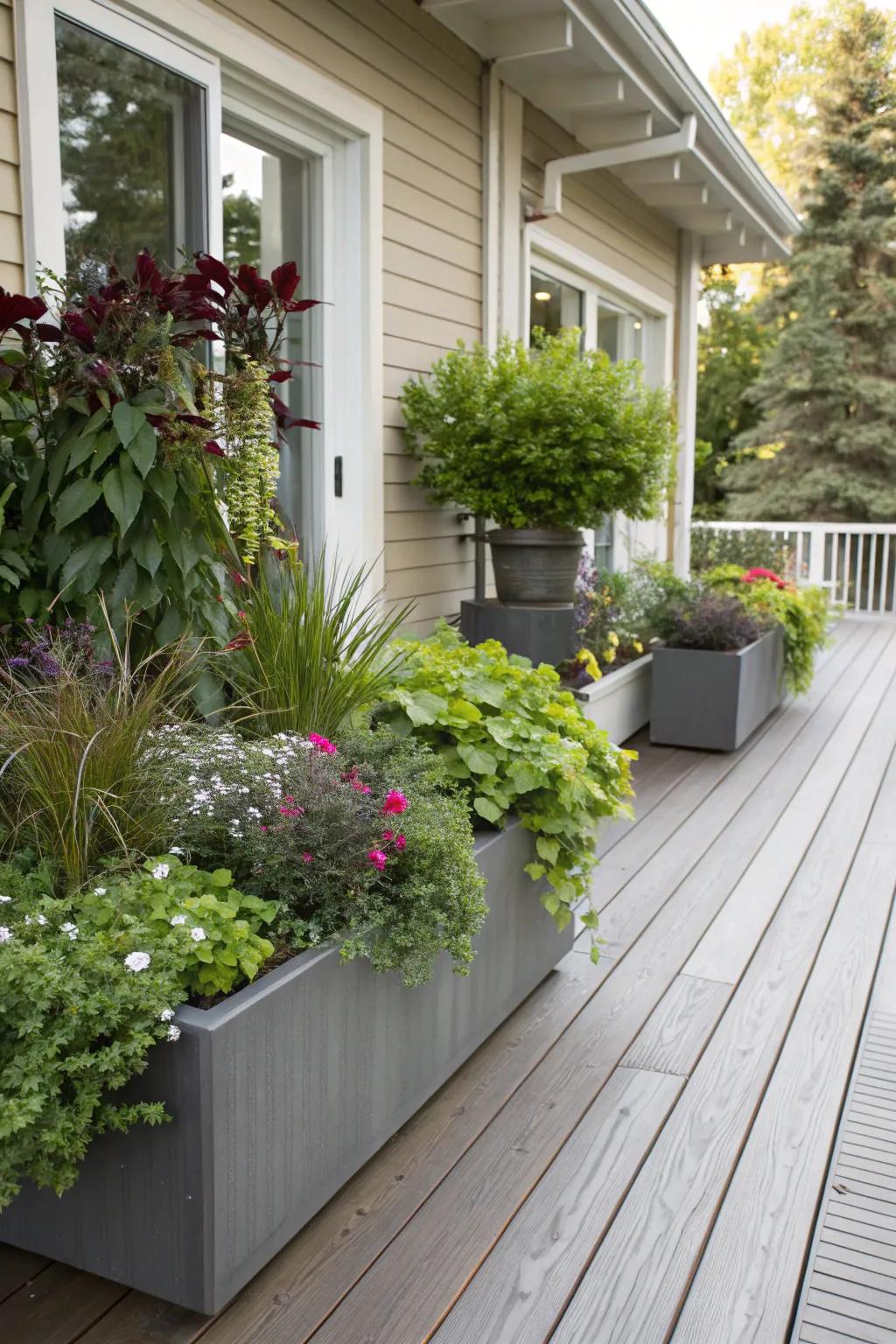 Planters with lush greenery enhance the deck's welcoming feel.