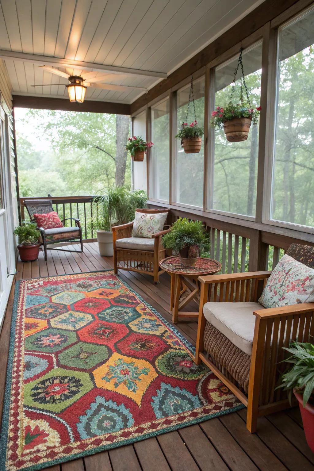 A vibrant rug enlivening the porch