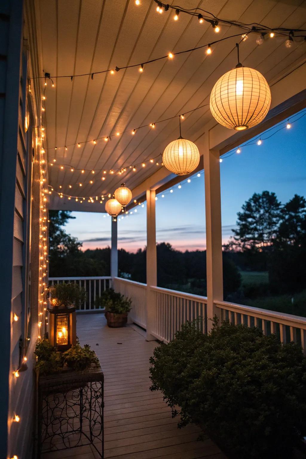 String lights and lanterns provide a warm glow on this small back porch.