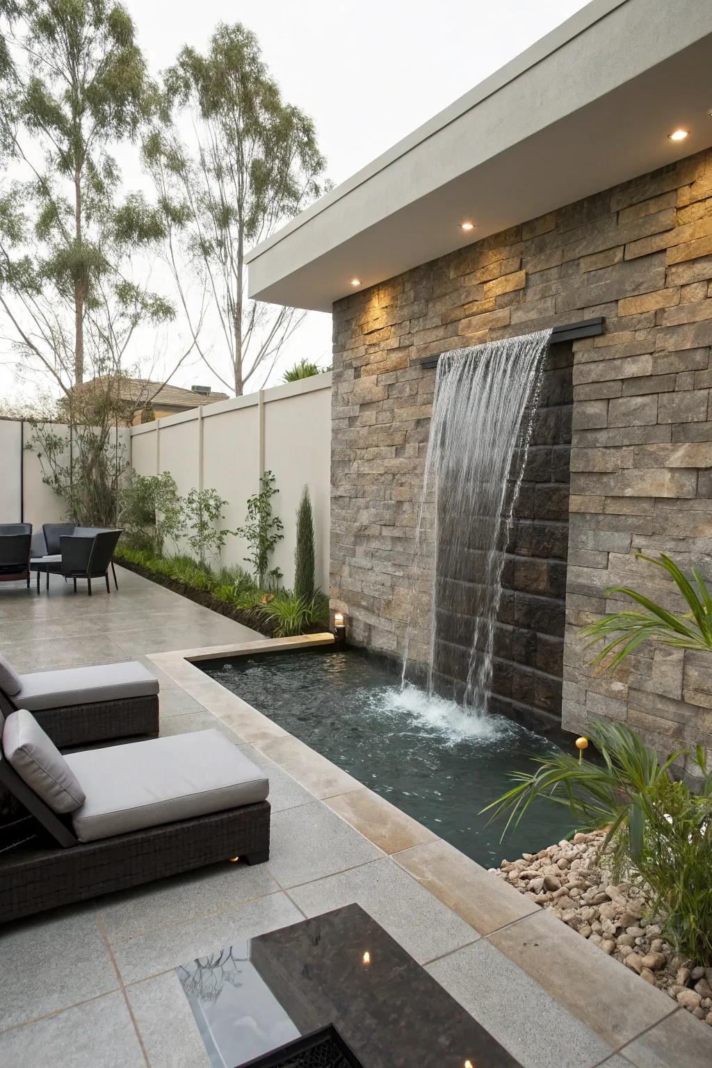 A wall-mounted waterfall adds a modern and elegant touch to your garden.