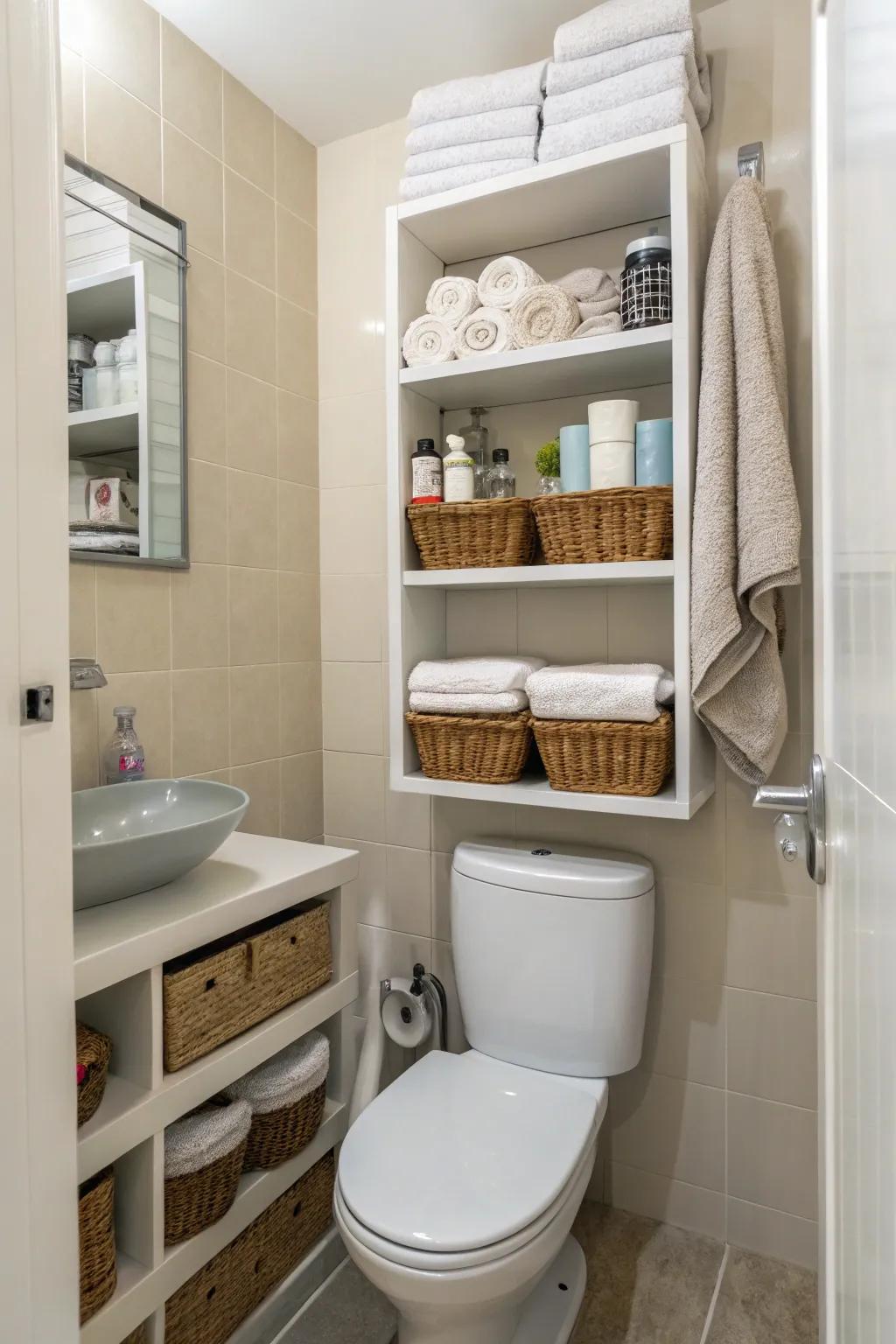 Maximizing storage with vertical shelving in a small bathroom.