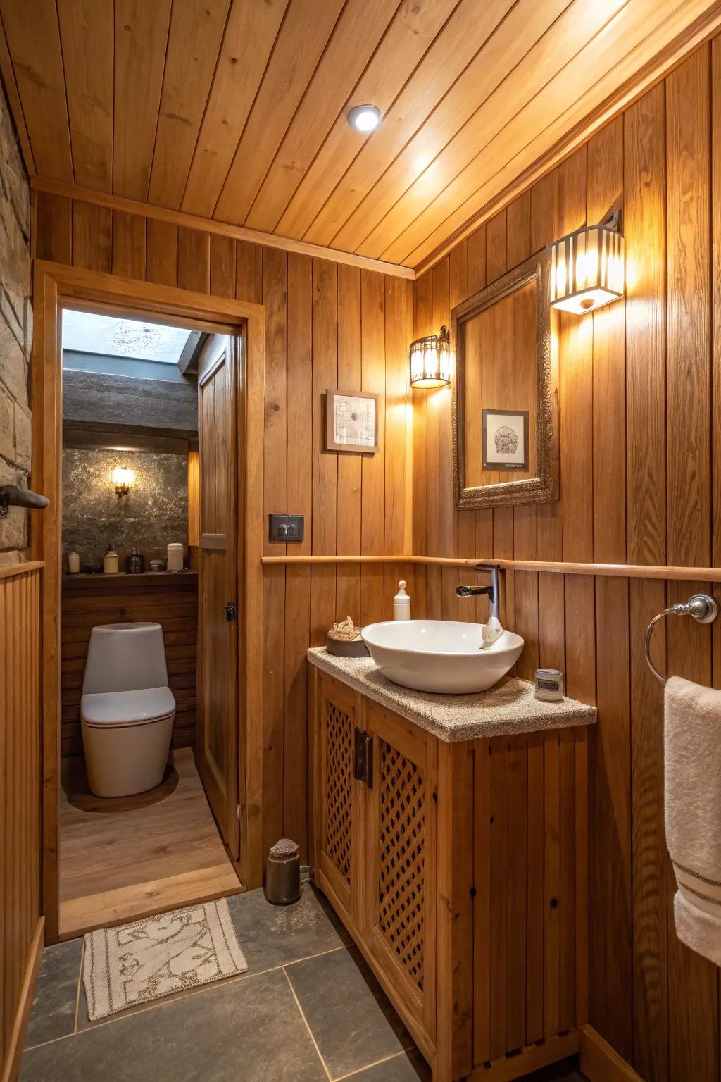 Wood paneling in a small bathroom, enhancing warmth and a serene atmosphere.