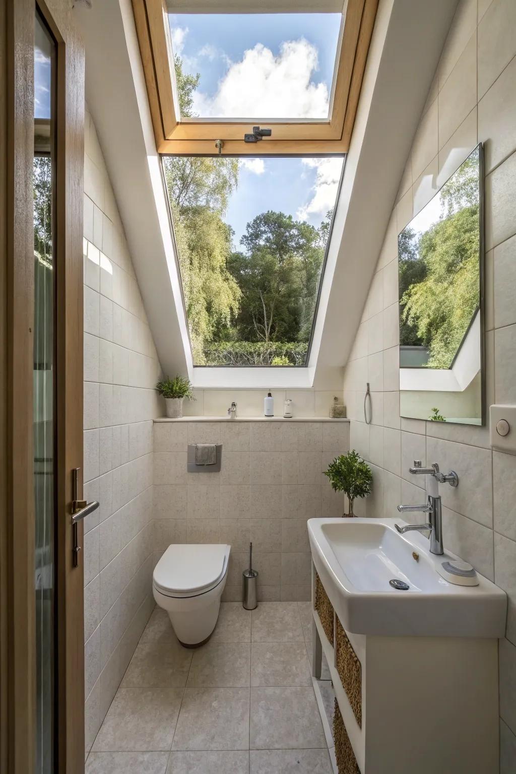 A skylight brings natural light, making the bathroom feel more expansive.