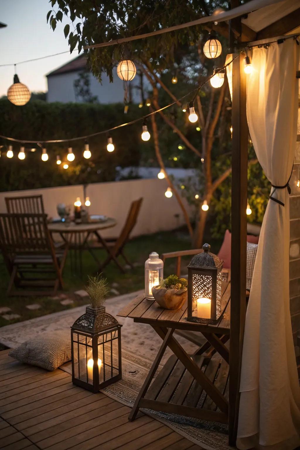 A small patio aglow with decorative lighting for a warm, inviting feel.