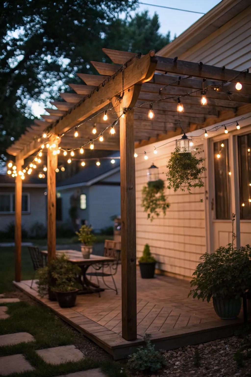 String lights add a warm, inviting glow to a small patio pergola.