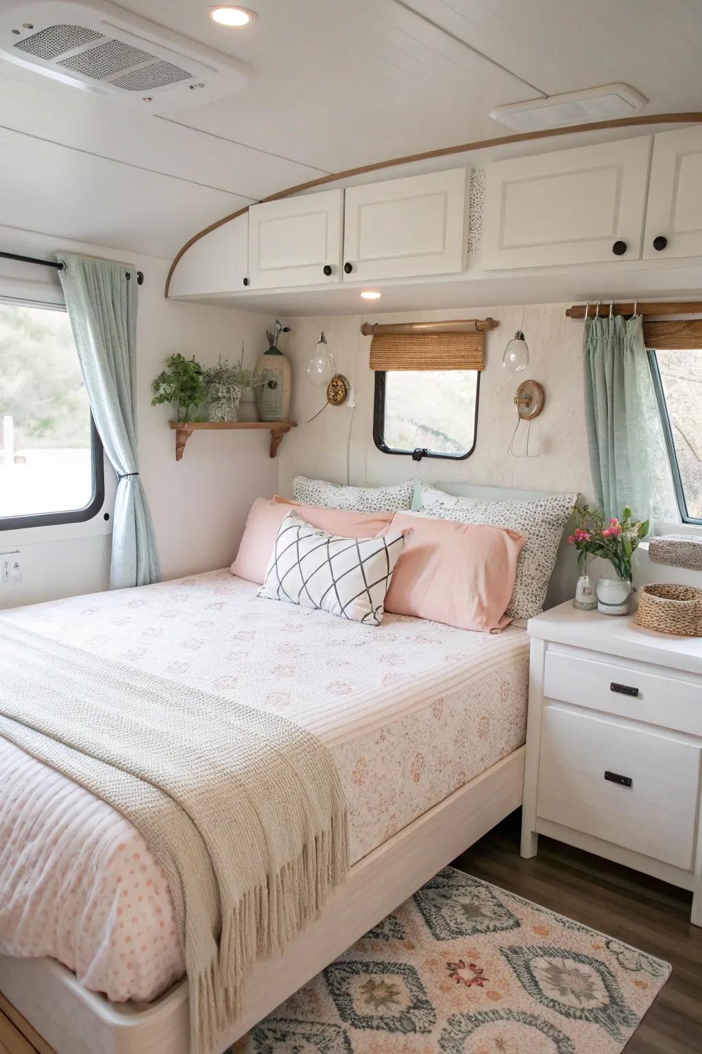 A light color palette makes a small RV bedroom feel larger and more open.