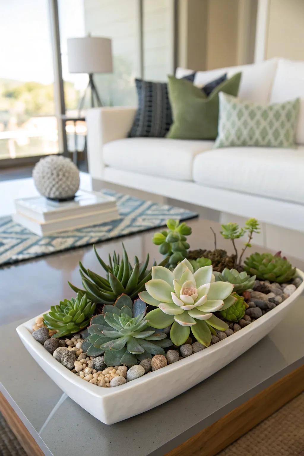 A succulent arrangement with a single bloom creates a lasting centerpiece.