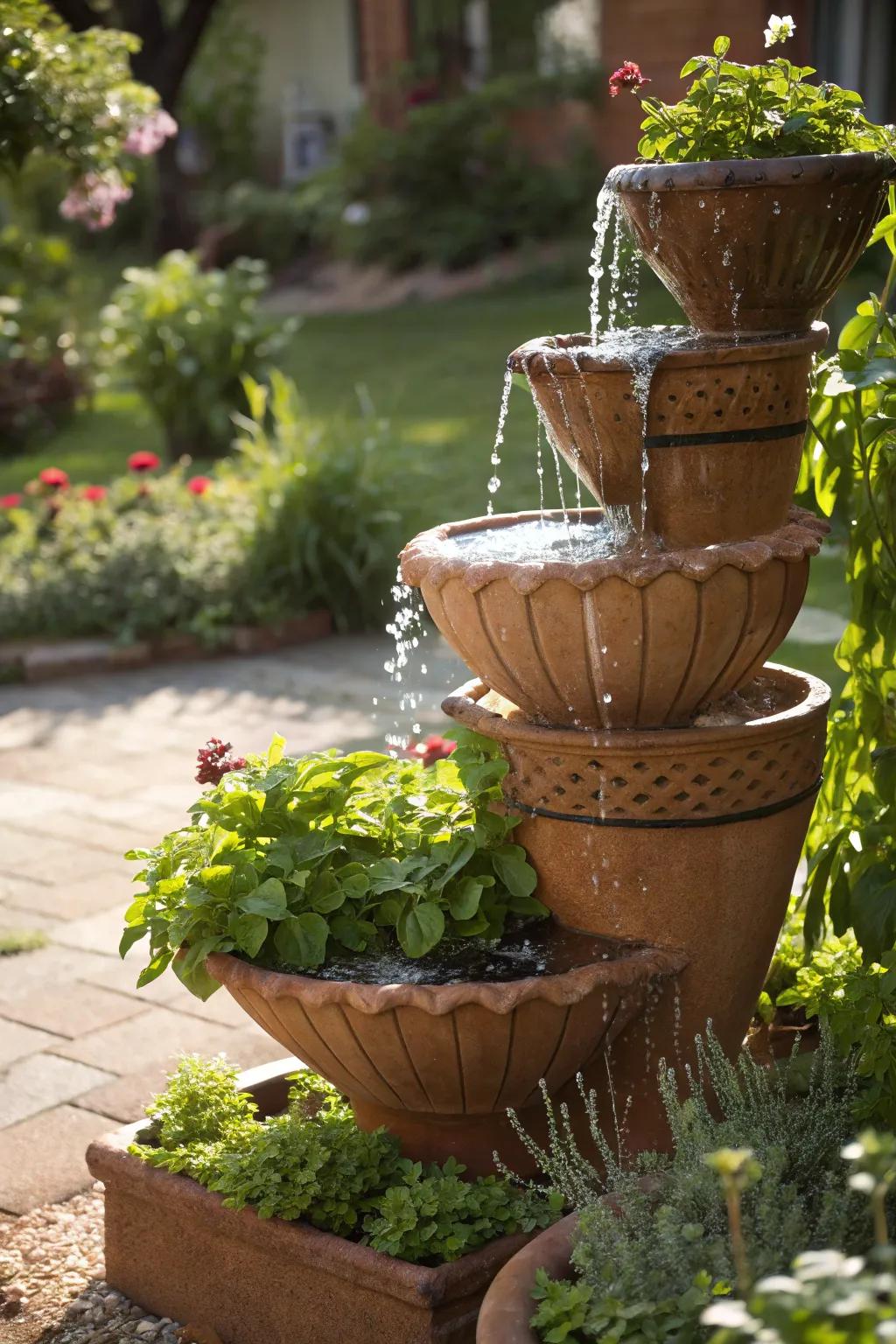 Layered terracotta planters establishing an impressive solar-driven fountain.