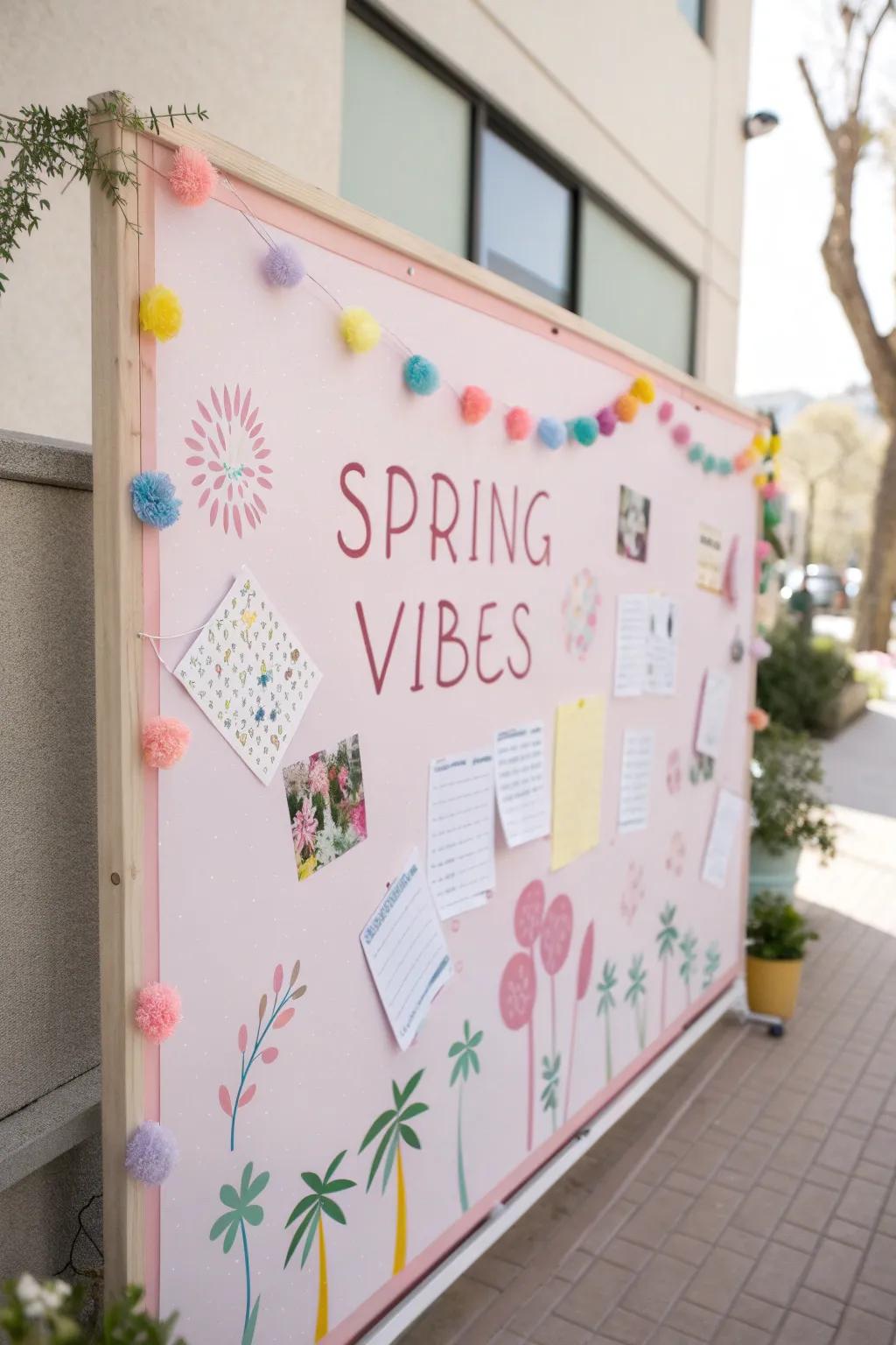 A pastel-themed bulletin board with 'Spring Vibes' and uplifting quotes.