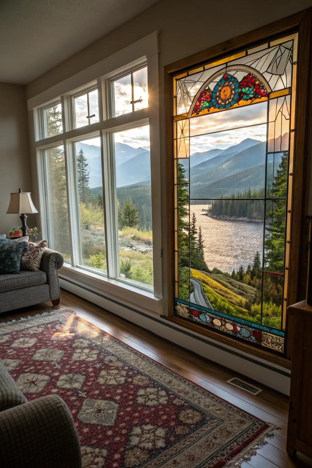A scenic stained glass landscape invites tranquility into your living room.