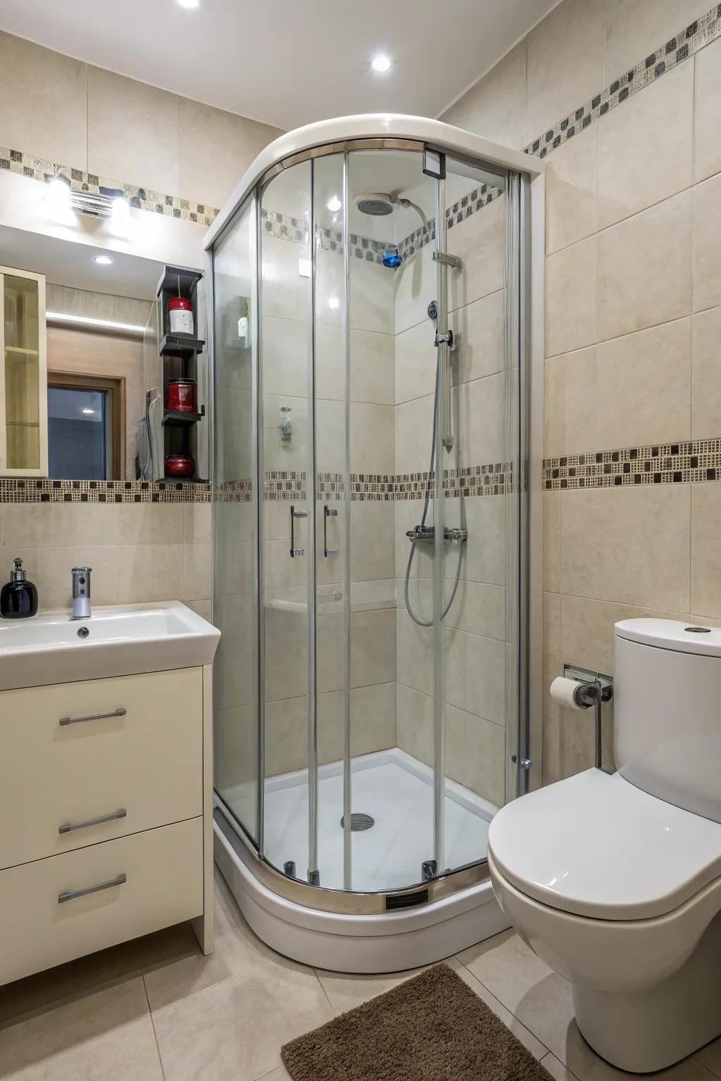 A corner shower makes efficient use of space in a small bathroom.