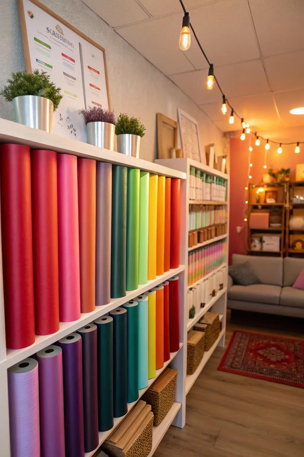 Color-coded organization makes finding the right vinyl roll simple.