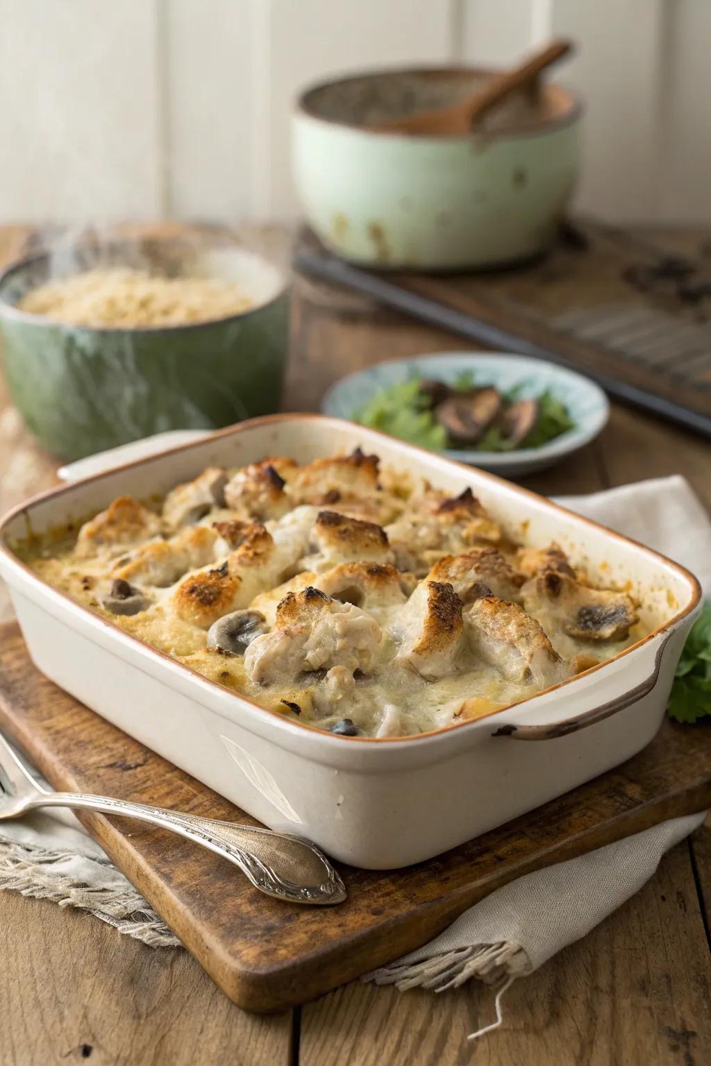 Creamy chicken and mushroom bake, a family favorite.