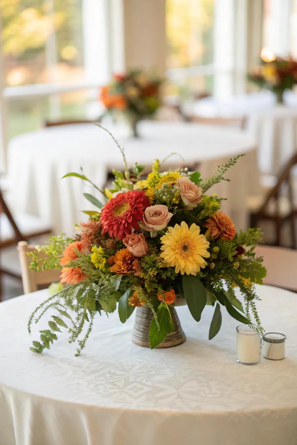 Vibrant seasonal blossoms brighten the Thanksgiving table.