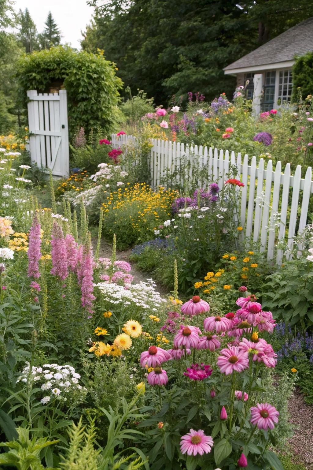 A charming cottage garden overflowing with vibrant flowers.