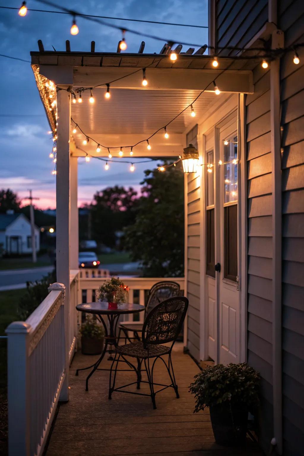 The magic of string lights on a tiny porch.