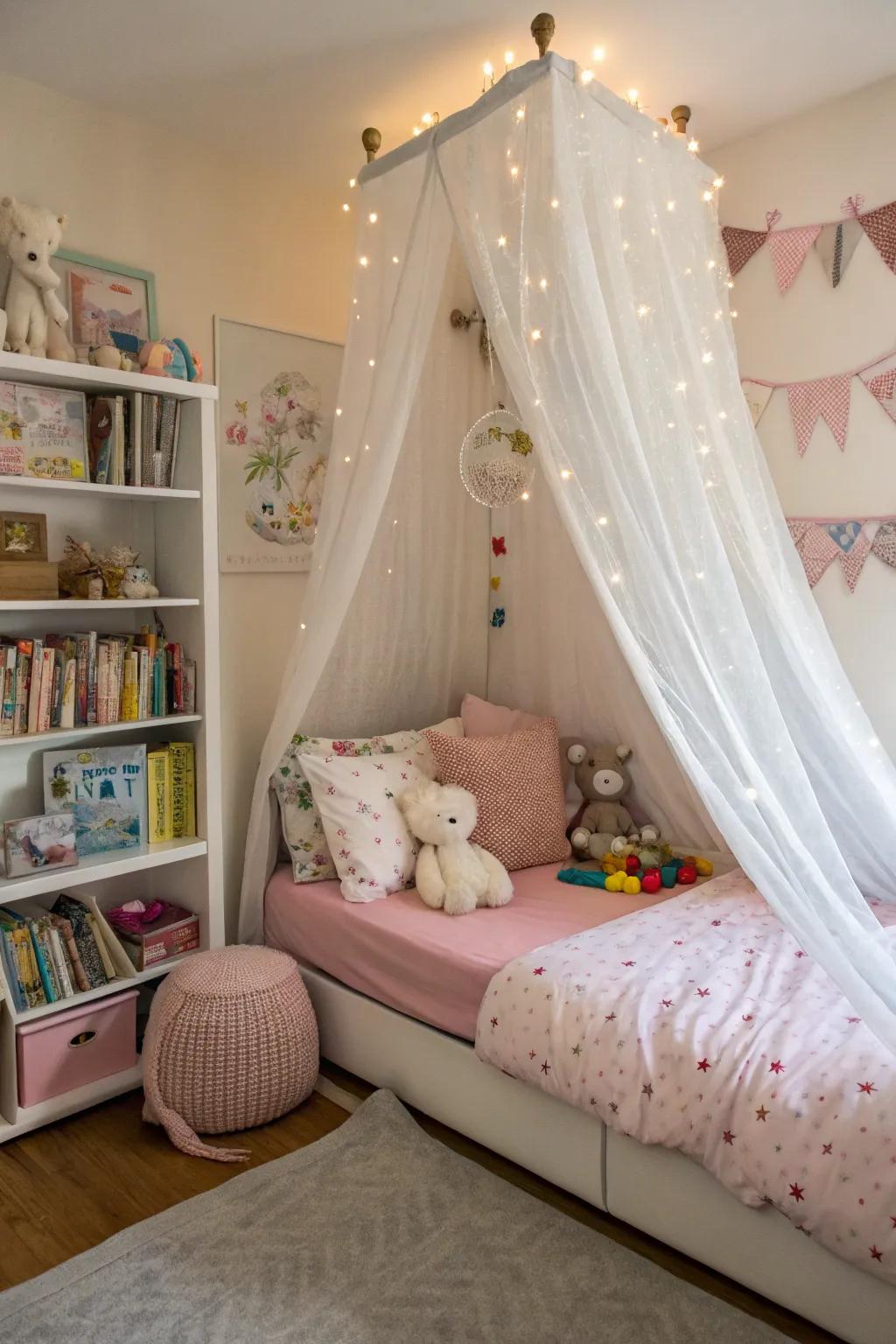 A whimsical canopy over the bed creates a magical retreat.