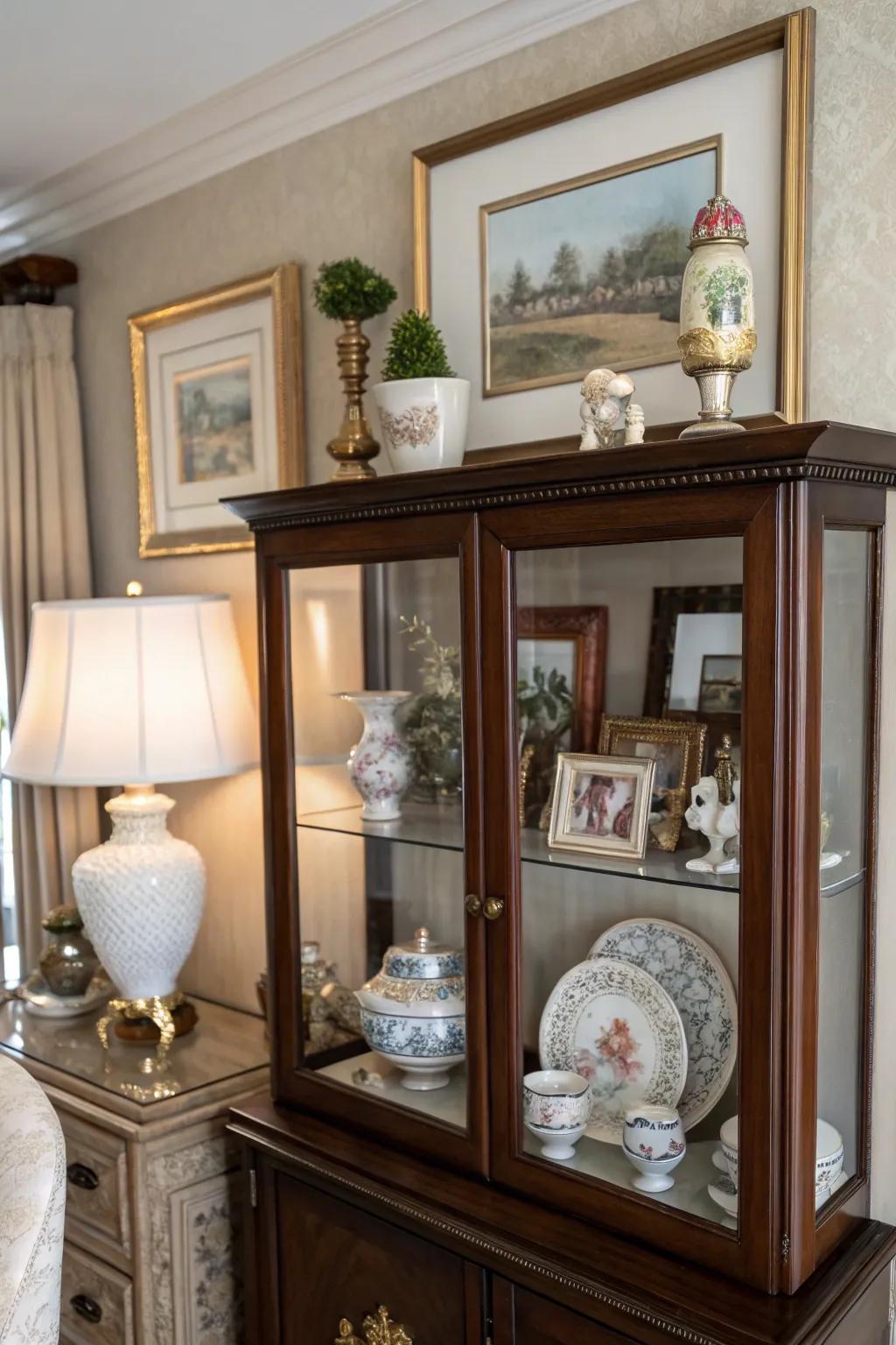 Artistic pieces add personality and character to the cabinet top.