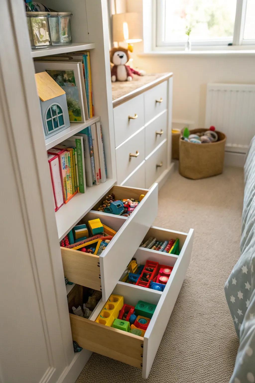 Compact drawer systems keep toys organized and accessible.