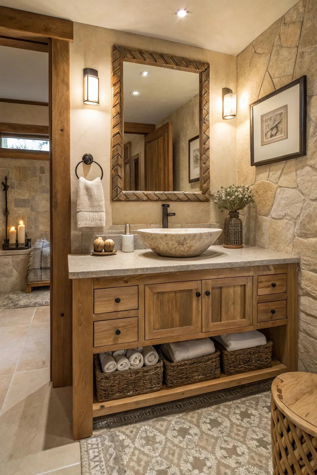 A bathroom featuring a vanity made from natural materials for added warmth and texture.