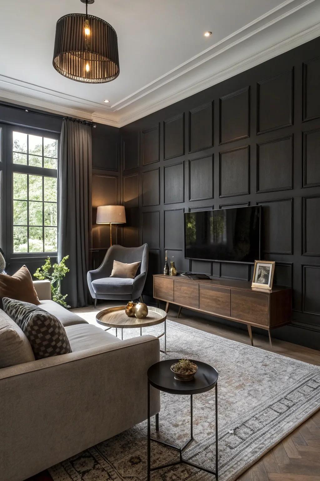 Dark wall paneling adding depth and elegance.