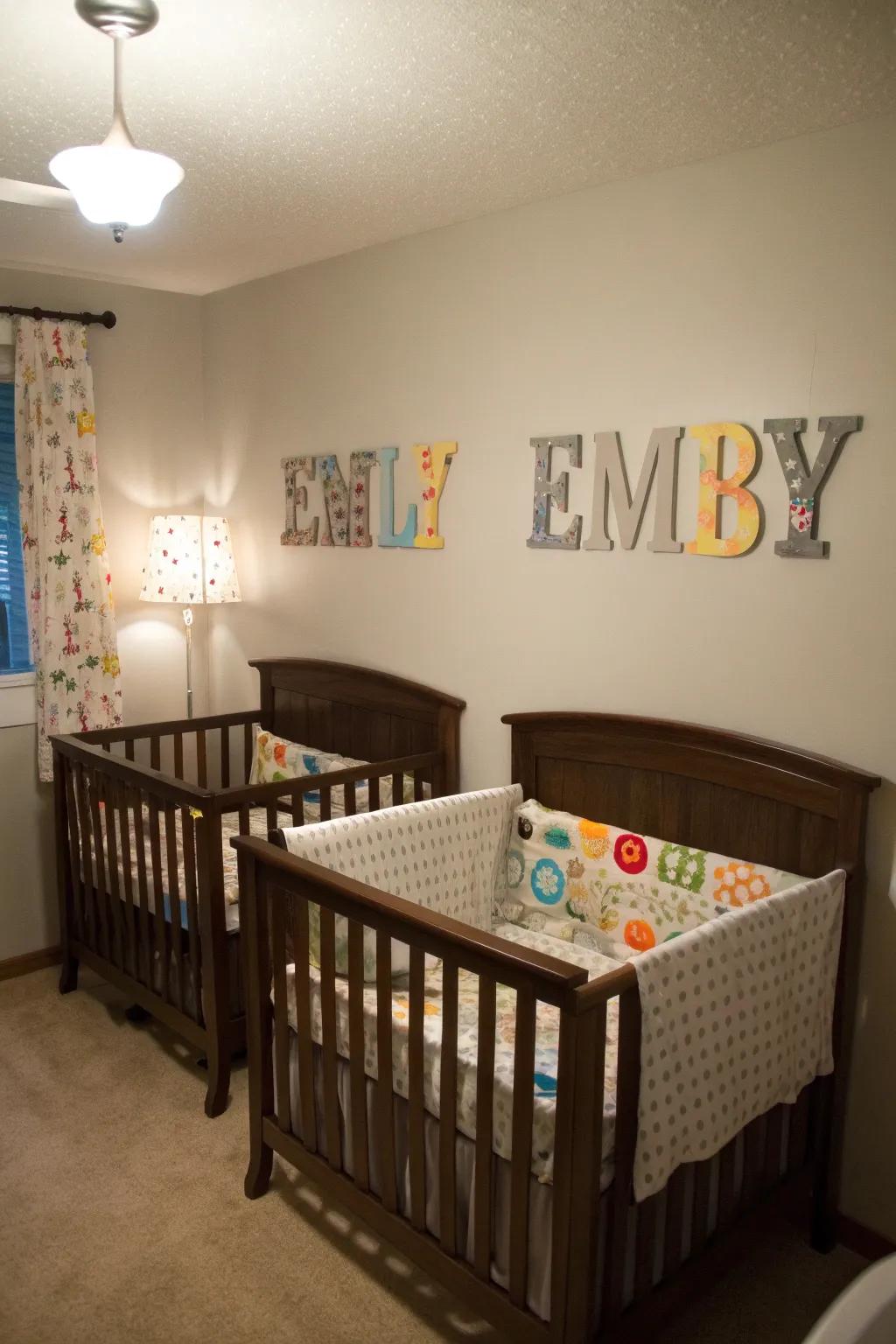 Personalized artwork adds a distinctive flair to each twin's designated space.