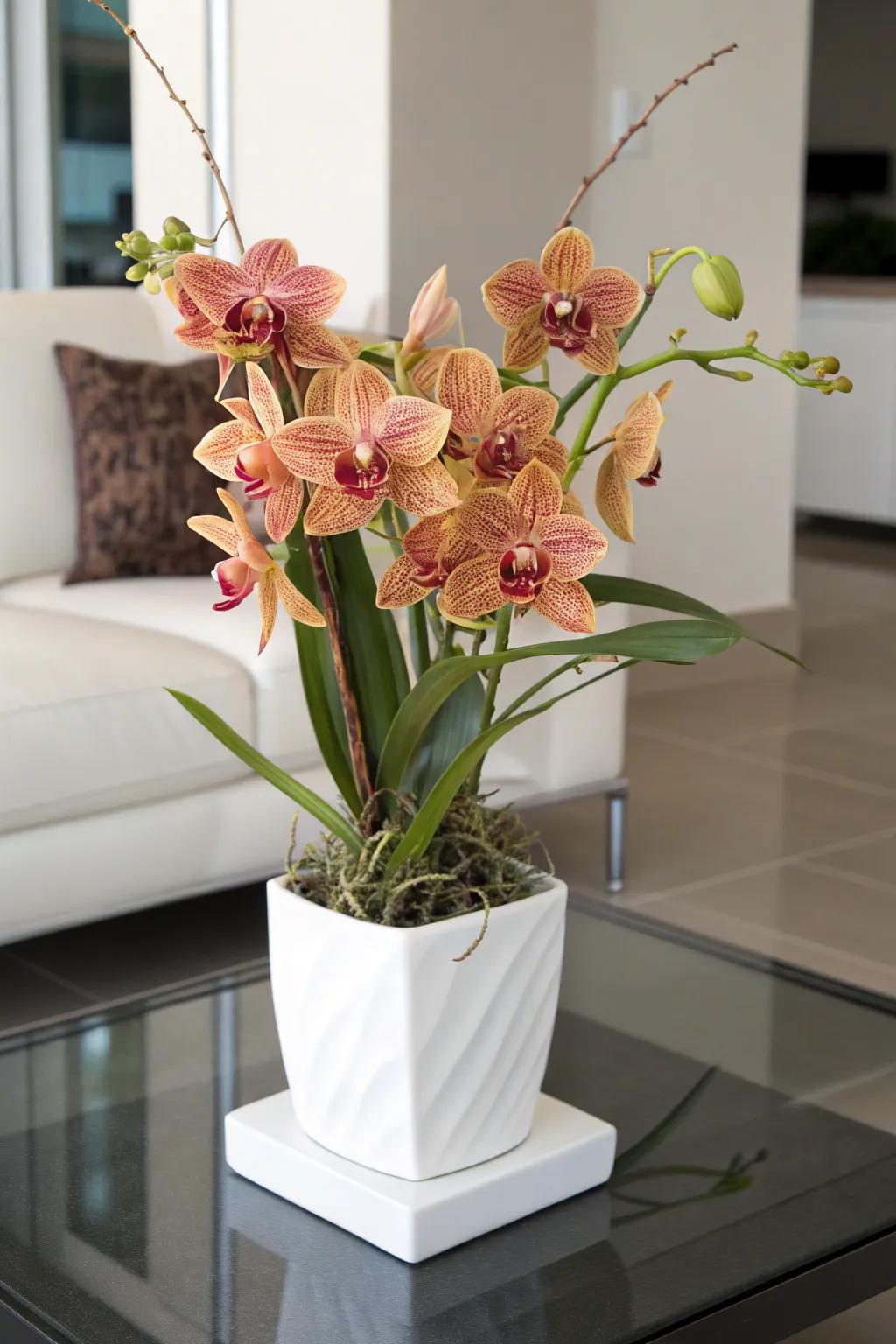 Sophisticated orchid arrangement bestowing refinement upon a chamber.