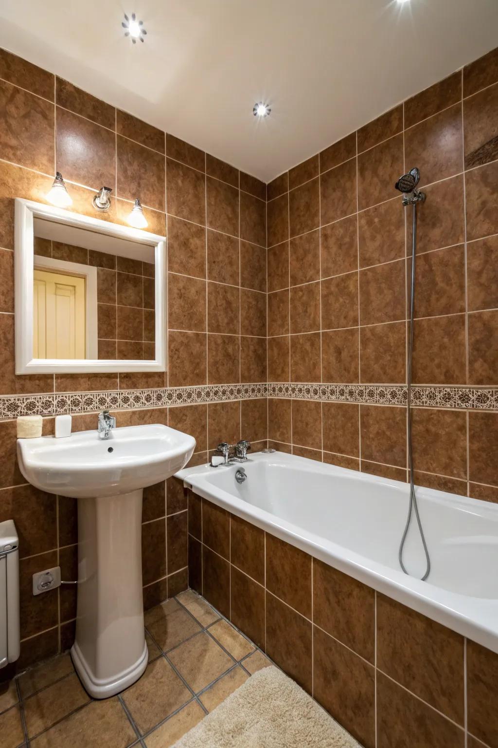 White fixtures beautifully contrast with brown tiles, creating a classic look.