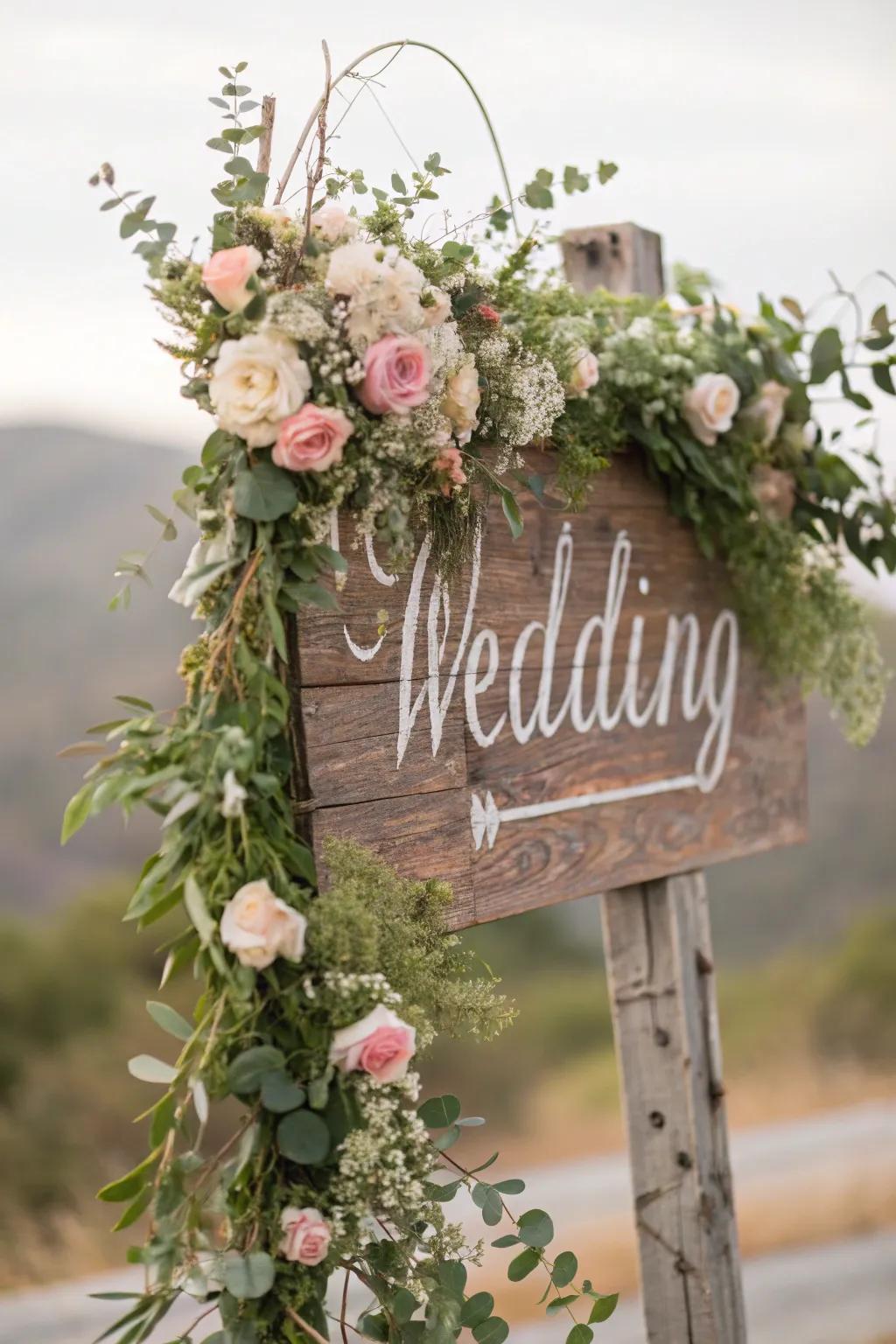 A rustic wooden sign embellished with natural components.