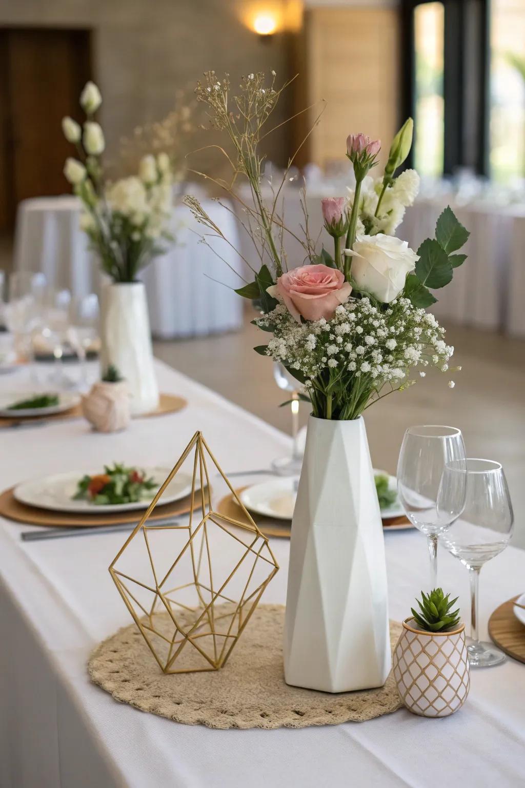 Geometric vases offer a modern twist to traditional floral arrangements.