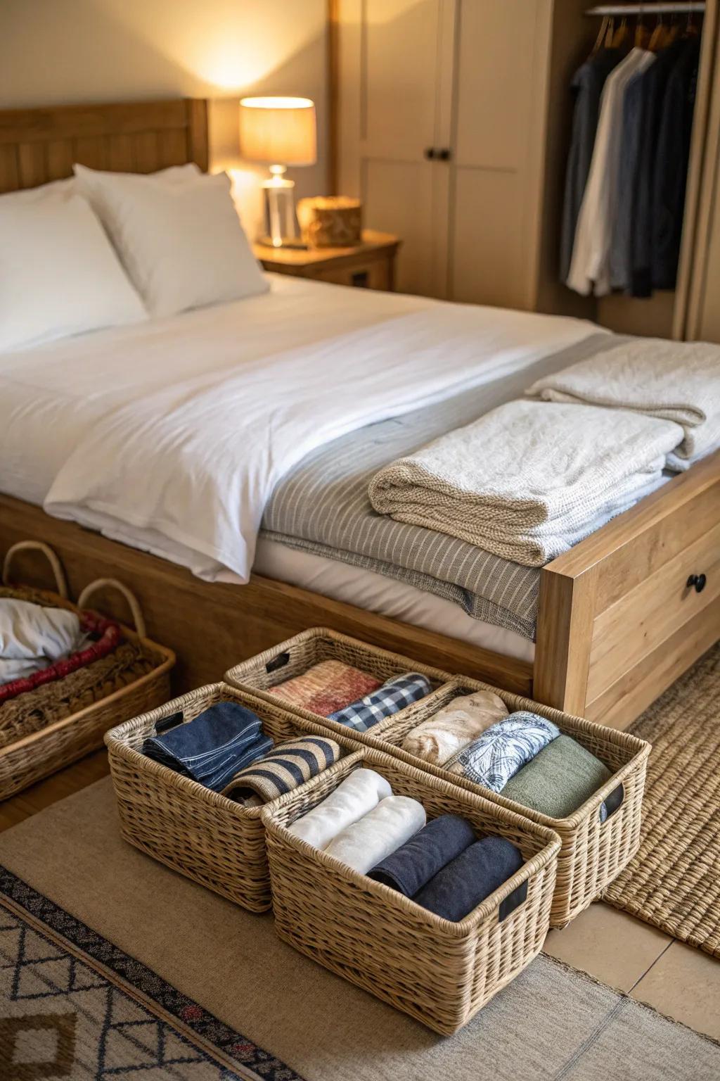 Shallow baskets discreetly tucked under the bed provide a well-organized storage solution.