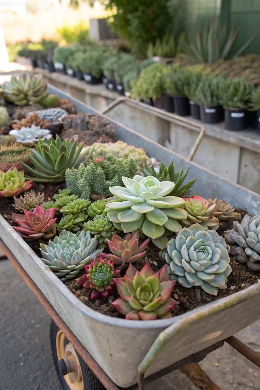 A stylish succulent display in a garden wheelbarrow.